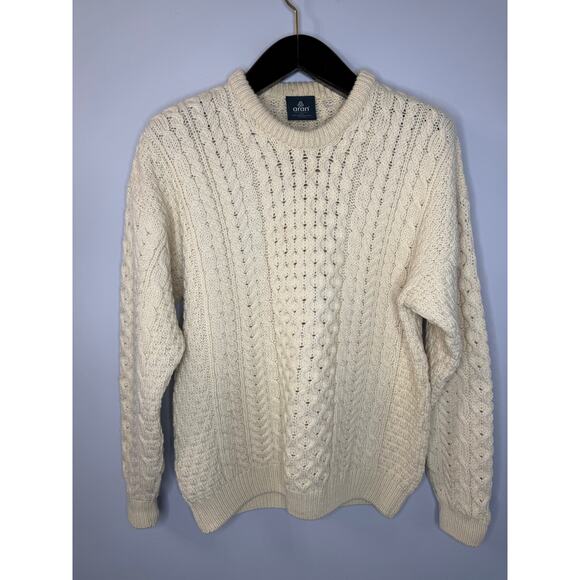 Aran Woolen Mills Merino Wool Cable Knit Sweater Cream Men's S - Picture 4 of 9
